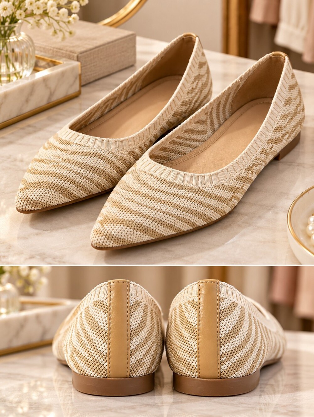 Jones New York Women’s 8.5 Knit Pointed Toe Ballet Flats Cream Tan NWOT